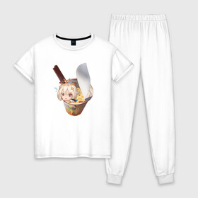 Женская пижама хлопок с принтом Paimon - Genshin Impact в Тюмени, 100% хлопок | брюки и футболка прямого кроя, без карманов, на брюках мягкая резинка на поясе и по низу штанин | anime | genshin impact | kli | liza | mem | meme | paimon | zelda | аниме | барбара | геншин | геншин импакт | зельда | китайская | кли | лиза | мем | ммо | паймон | фишль | эмбер | япоская