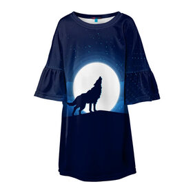 Детское платье 3D с принтом Воющий на луну в Тюмени, 100% полиэстер | прямой силуэт, чуть расширенный к низу. Круглая горловина, на рукавах — воланы | Тематика изображения на принте: волк вобщий на луну | звезды | луна | небо | ночное небо | полнолуние