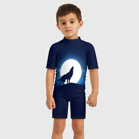 Детский купальный костюм 3D с принтом Воющий на луну в Тюмени, Полиэстер 85%, Спандекс 15% | застежка на молнии на спине | Тематика изображения на принте: волк вобщий на луну | звезды | луна | небо | ночное небо | полнолуние