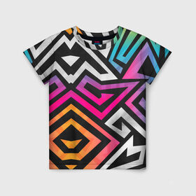 Детская футболка 3D с принтом GRAFFITY в Тюмени, 100% гипоаллергенный полиэфир | прямой крой, круглый вырез горловины, длина до линии бедер, чуть спущенное плечо, ткань немного тянется | абстракция | геометрия | ломаные линии | неон | полоски | разноцветный принт | яркие цвета