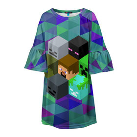Детское платье 3D с принтом Minecraft в Тюмени, 100% полиэстер | прямой силуэт, чуть расширенный к низу. Круглая горловина, на рукавах — воланы | Тематика изображения на принте: creeper | minecraft | блок | игра | крипер | майнкрафт | победитель | приключения