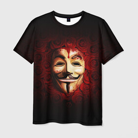 Мужская футболка 3D с принтом Кровавая маска в Тюмени, 100% полиэфир | прямой крой, круглый вырез горловины, длина до линии бедер | Тематика изображения на принте: красный фон | кровь | лицо в крови | маска | маска в крови | популярная маска | розы