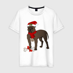 Мужская футболка хлопок с принтом Новогодний питбуль в Тюмени, 100% хлопок | прямой крой, круглый вырез горловины, длина до линии бедер, слегка спущенное плечо. | Тематика изображения на принте: 