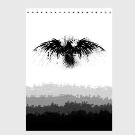 Скетчбук с принтом ЧЁРНЫЙ ВОРОН в Тюмени, 100% бумага
 | 48 листов, плотность листов — 100 г/м2, плотность картонной обложки — 250 г/м2. Листы скреплены сверху удобной пружинной спиралью | брызги чернил | градиент | минималистичный принт | черная птица | чёрно белый арт | черный ворон