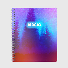 Тетрадь с принтом MAGIC в Тюмени, 100% бумага | 48 листов, плотность листов — 60 г/м2, плотность картонной обложки — 250 г/м2. Листы скреплены сбоку удобной пружинной спиралью. Уголки страниц и обложки скругленные. Цвет линий — светло-серый
 | звездное небо | зимний вечер | неоновая надпись | ночное небо | снег