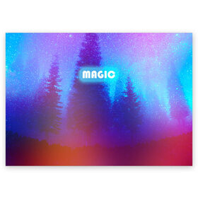 Поздравительная открытка с принтом MAGIC в Тюмени, 100% бумага | плотность бумаги 280 г/м2, матовая, на обратной стороне линовка и место для марки
 | звездное небо | зимний вечер | неоновая надпись | ночное небо | снег