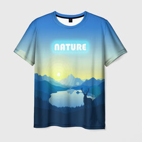 Мужская футболка 3D с принтом NATURE в Тюмени, 100% полиэфир | прямой крой, круглый вырез горловины, длина до линии бедер | Тематика изображения на принте: горы | закат | лес | ночное небо | озеро в лесу | олень в лесу | природа | солнце