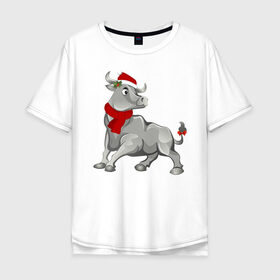 Мужская футболка хлопок Oversize с принтом Новогодний бык в Тюмени, 100% хлопок | свободный крой, круглый ворот, “спинка” длиннее передней части | 