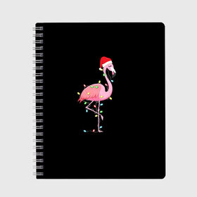 Тетрадь с принтом Новогодний Фламинго в Тюмени, 100% бумага | 48 листов, плотность листов — 60 г/м2, плотность картонной обложки — 250 г/м2. Листы скреплены сбоку удобной пружинной спиралью. Уголки страниц и обложки скругленные. Цвет линий — светло-серый
 | 2021 | гирлянда | год быка | дед мороз | новогодний | новогодняя | новый год | птица | рождество | розовый фламинго | с новым годом | фламинго