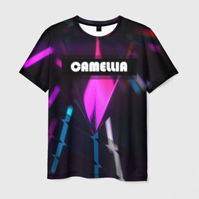 Мужская футболка 3D с принтом CAMELLIA в Тюмени, 100% полиэфир | прямой крой, круглый вырез горловины, длина до линии бедер | абстракция | геометрия | неоновый огонь | неоновый полосы | неоновый свет