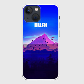 Чехол для iPhone 13 mini с принтом HUSH в Тюмени,  |  | Тематика изображения на принте: голубое небо | горы | долина | закат | нарисованные горы | облака | природа | птицы | рассвет | тропики