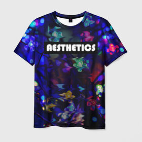 Мужская футболка 3D с принтом AESTHETICS в Тюмени, 100% полиэфир | прямой крой, круглый вырез горловины, длина до линии бедер | брызги красок | неоновая надпись | неоновые цветы | неоновый свет | светодиоды | цветы