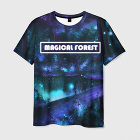 Мужская футболка 3D с принтом MAGICAL FOREST в Тюмени, 100% полиэфир | прямой крой, круглый вырез горловины, длина до линии бедер | звездное небо | магический лес | неоновая пыль | неоновые линии | озеро ночью | отражение в озере | светлячки в лесу