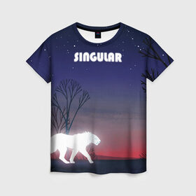 Женская футболка 3D с принтом SINGULAR в Тюмени, 100% полиэфир ( синтетическое хлопкоподобное полотно) | прямой крой, круглый вырез горловины, длина до линии бедер | алый закат | звездное небо | неоновый тигр | ночное небо | тигр на закате