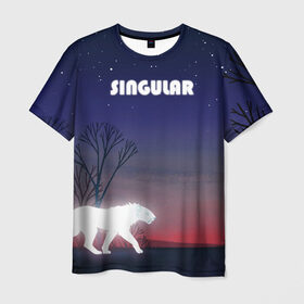 Мужская футболка 3D с принтом SINGULAR в Тюмени, 100% полиэфир | прямой крой, круглый вырез горловины, длина до линии бедер | алый закат | звездное небо | неоновый тигр | ночное небо | тигр на закате