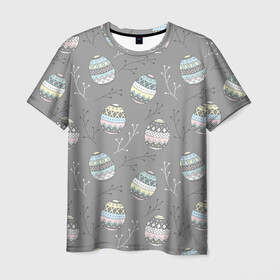 Мужская футболка 3D с принтом Яйца пасхальные серый фон в Тюмени, 100% полиэфир | прямой крой, круглый вырез горловины, длина до линии бедер | бог | вера | весна | воскресение | молитва | пасха | пасхальный | пост | религия | храм | христос | церковь | яйца пасхальные