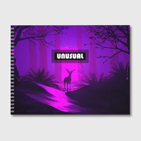 Альбом для рисования с принтом UNUSUAL в Тюмени, 100% бумага
 | матовая бумага, плотность 200 мг. | деревья | неоновая надпись | неоновый лес | неоновый свет | ночное небо | ночной лес | олень | природа