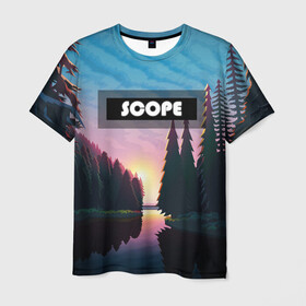 Мужская футболка 3D с принтом SCOPE в Тюмени, 100% полиэфир | прямой крой, круглый вырез горловины, длина до линии бедер | вечернее небо | голубое небо | деревья | закат | лес | неоновая надпись | озеро | река