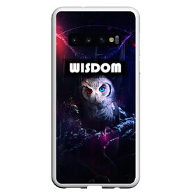 Чехол для Samsung Galaxy S10 с принтом WISDOM в Тюмени, Силикон | Область печати: задняя сторона чехла, без боковых панелей | Тематика изображения на принте: глаза животного | глаза разного цвета | мудрая сова | неоновые глаза | пафосная надпись | перья | птица | сова | филин