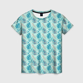 Женская футболка 3D с принтом Тропический паттерн, монстера в Тюмени, 100% полиэфир ( синтетическое хлопкоподобное полотно) | прямой крой, круглый вырез горловины, длина до линии бедер | абстракция | веточка | гавайи | джунгли | лето | листья | монстера | орнамент | пальма | паттерн | пятна | тропики | тропический | узор