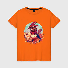 Женская футболка хлопок с принтом Ведьмочка в Тюмени, 100% хлопок | прямой крой, круглый вырез горловины, длина до линии бедер, слегка спущенное плечо | autumn | watercolor | witch | акварель | ведьмочка | листья | осень