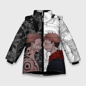 Зимняя куртка для девочек 3D с принтом Jujutsu Kaisen Сукуна х Юдзи в Тюмени, ткань верха — 100% полиэстер; подклад — 100% полиэстер, утеплитель — 100% полиэстер. | длина ниже бедра, удлиненная спинка, воротник стойка и отстегивающийся капюшон. Есть боковые карманы с листочкой на кнопках, утяжки по низу изделия и внутренний карман на молнии. 

Предусмотрены светоотражающий принт на спинке, радужный светоотражающий элемент на пуллере молнии и на резинке для утяжки. | anime | black | cursed spirit | demon | evil | good | itadori yuji | magic battle | shaman | sukuna | white | ying yang | аниме | белое | годжо сатору | демон | добро | зло | инь ян | итадори юдзи | кугисаки | магическая битва | проклятый дух | рёмен суку