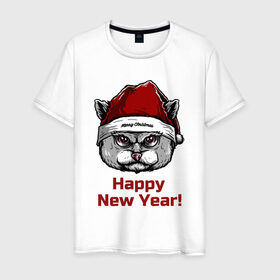 Мужская футболка хлопок с принтом Злой кот Happy New Year! в Тюмени, 100% хлопок | прямой крой, круглый вырез горловины, длина до линии бедер, слегка спущенное плечо. | 