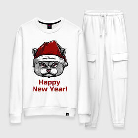 Женский костюм хлопок с принтом Злой кот Happy New Year! в Тюмени, 100% хлопок | на свитшоте круглая горловина, мягкая резинка по низу. Брюки заужены к низу, на них два вида карманов: два 