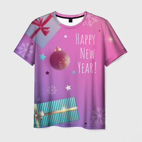 Мужская футболка 3D с принтом Happy New Year! в Тюмени, 100% полиэфир | прямой крой, круглый вырез горловины, длина до линии бедер | 