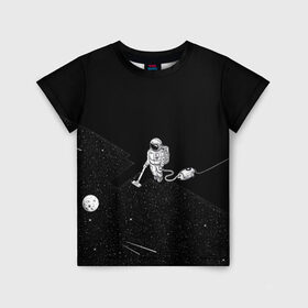 Детская футболка 3D с принтом Космический клининг в Тюмени, 100% гипоаллергенный полиэфир | прямой крой, круглый вырез горловины, длина до линии бедер, чуть спущенное плечо, ткань немного тянется | cleaner | cosmonaut | moon | space | stars | vacuum | звезды | космонавт | космос | луна | пылесос | уборка
