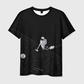 Мужская футболка 3D с принтом Космический клининг в Тюмени, 100% полиэфир | прямой крой, круглый вырез горловины, длина до линии бедер | cleaner | cosmonaut | moon | space | stars | vacuum | звезды | космонавт | космос | луна | пылесос | уборка