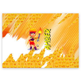 Поздравительная открытка с принтом Brawl Stars - Amber в Тюмени, 100% бумага | плотность бумаги 280 г/м2, матовая, на обратной стороне линовка и место для марки
 | Тематика изображения на принте: brawl | break dance | leon | moba | stars | supercell | surfing | игра | коллаборация | коллаж | паттерн