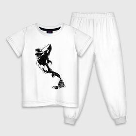 Детская пижама хлопок с принтом Чернильная касатка в Тюмени, 100% хлопок |  брюки и футболка прямого кроя, без карманов, на брюках мягкая резинка на поясе и по низу штанин
 | арт | белый | капли | капля | касатка | рисунок | чернила | чернильный рисунок | чёрный