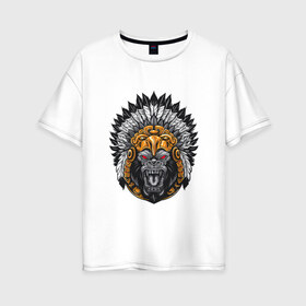 Женская футболка хлопок Oversize с принтом Шаман обезьян в Тюмени, 100% хлопок | свободный крой, круглый ворот, спущенный рукав, длина до линии бедер
 | арт | дикий | дикий зверь | дикое животное | зверь | индеец | индейцы | обезьяна | рисунок | шимпанзе
