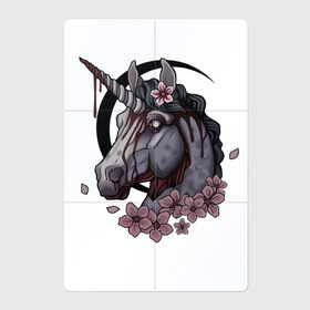 Магнитный плакат 2Х3 с принтом Кровавый единорог в Тюмени, Полимерный материал с магнитным слоем | 6 деталей размером 9*9 см | арт | единорог | кровавый рог | кровь | луна | рисунок | тёмные цветы | чёрная луна