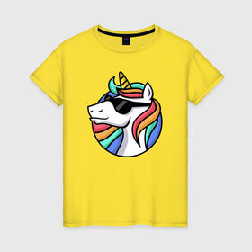 Женская футболка хлопок с принтом Стильный единорог в Тюмени, 100% хлопок | прямой крой, круглый вырез горловины, длина до линии бедер, слегка спущенное плечо | rainbow | unicorn | единорог | очки | радуга