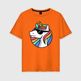 Женская футболка хлопок Oversize с принтом Стильный единорог в Тюмени, 100% хлопок | свободный крой, круглый ворот, спущенный рукав, длина до линии бедер
 | rainbow | unicorn | единорог | очки | радуга