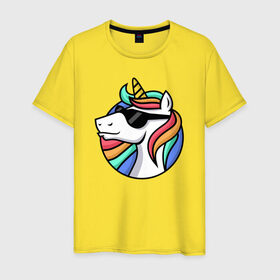 Мужская футболка хлопок с принтом Стильный единорог в Тюмени, 100% хлопок | прямой крой, круглый вырез горловины, длина до линии бедер, слегка спущенное плечо. | rainbow | unicorn | единорог | очки | радуга
