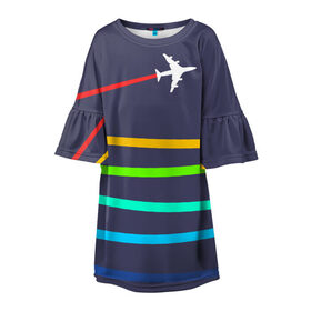 Детское платье 3D с принтом В небо в Тюмени, 100% полиэстер | прямой силуэт, чуть расширенный к низу. Круглая горловина, на рукавах — воланы | абстракция | авиация | неон | полосы | самолет