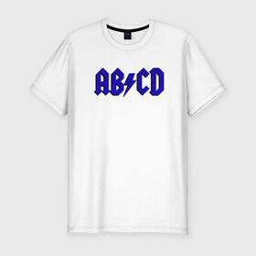Мужская футболка хлопок Slim с принтом ABCD надпись в Тюмени, 92% хлопок, 8% лайкра | приталенный силуэт, круглый вырез ворота, длина до линии бедра, короткий рукав | abcd | ac dc | acdc | band | logo | metal | music | rock | алфавит | буквы | имитация | леттеринг | лого | металл | музыка | надпись | пародия | рок | синий