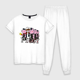 Женская пижама хлопок с принтом ROBLOX PIGGY в Тюмени, 100% хлопок | брюки и футболка прямого кроя, без карманов, на брюках мягкая резинка на поясе и по низу штанин | 