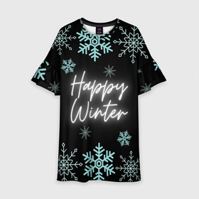 Детское платье 3D с принтом Happy Winter в Тюмени, 100% полиэстер | прямой силуэт, чуть расширенный к низу. Круглая горловина, на рукавах — воланы | Тематика изображения на принте: happy | winter | зеленый | зима | небо | ночь | северное сияние | синий | снег | счастье