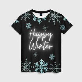 Женская футболка 3D с принтом Happy Winter в Тюмени, 100% полиэфир ( синтетическое хлопкоподобное полотно) | прямой крой, круглый вырез горловины, длина до линии бедер | happy | winter | зеленый | зима | небо | ночь | северное сияние | синий | снег | счастье