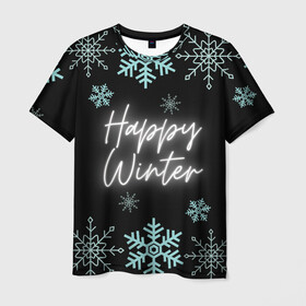 Мужская футболка 3D с принтом Happy Winter в Тюмени, 100% полиэфир | прямой крой, круглый вырез горловины, длина до линии бедер | Тематика изображения на принте: happy | winter | зеленый | зима | небо | ночь | северное сияние | синий | снег | счастье