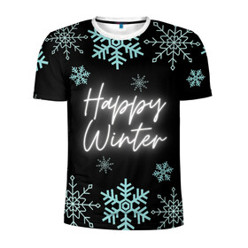 Мужская футболка 3D спортивная с принтом Happy Winter в Тюмени, 100% полиэстер с улучшенными характеристиками | приталенный силуэт, круглая горловина, широкие плечи, сужается к линии бедра | Тематика изображения на принте: happy | winter | зеленый | зима | небо | ночь | северное сияние | синий | снег | счастье