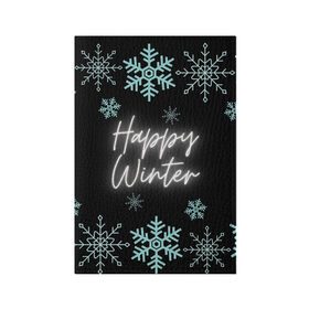 Обложка для паспорта матовая кожа с принтом Happy Winter в Тюмени, натуральная матовая кожа | размер 19,3 х 13,7 см; прозрачные пластиковые крепления | happy | winter | зеленый | зима | небо | ночь | северное сияние | синий | снег | счастье