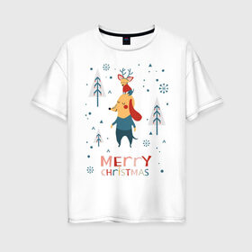 Женская футболка хлопок Oversize с принтом Merry Christmas (Собачки) в Тюмени, 100% хлопок | свободный крой, круглый ворот, спущенный рукав, длина до линии бедер
 | 