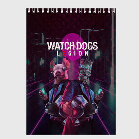 Скетчбук с принтом Watch Dogs: Legion в Тюмени, 100% бумага
 | 48 листов, плотность листов — 100 г/м2, плотность картонной обложки — 250 г/м2. Листы скреплены сверху удобной пружинной спиралью | Тематика изображения на принте: будущее | киберпанк | маски | череп