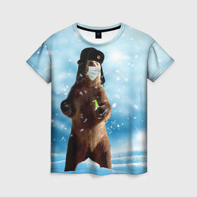 Женская футболка 3D с принтом Зимний мишка в реалиях 2020 г. в Тюмени, 100% полиэфир ( синтетическое хлопкоподобное полотно) | прямой крой, круглый вырез горловины, длина до линии бедер | зима | маска | медведь | новый год