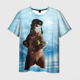 Мужская футболка 3D с принтом Зимний мишка в реалиях 2020 г. в Тюмени, 100% полиэфир | прямой крой, круглый вырез горловины, длина до линии бедер | Тематика изображения на принте: зима | маска | медведь | новый год